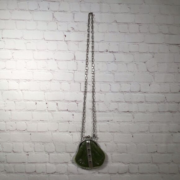 Cole Haan G Series Small Green Shearling Kiss Lock Crossbody Bag Chainlink Strap - Picture 3 of 10